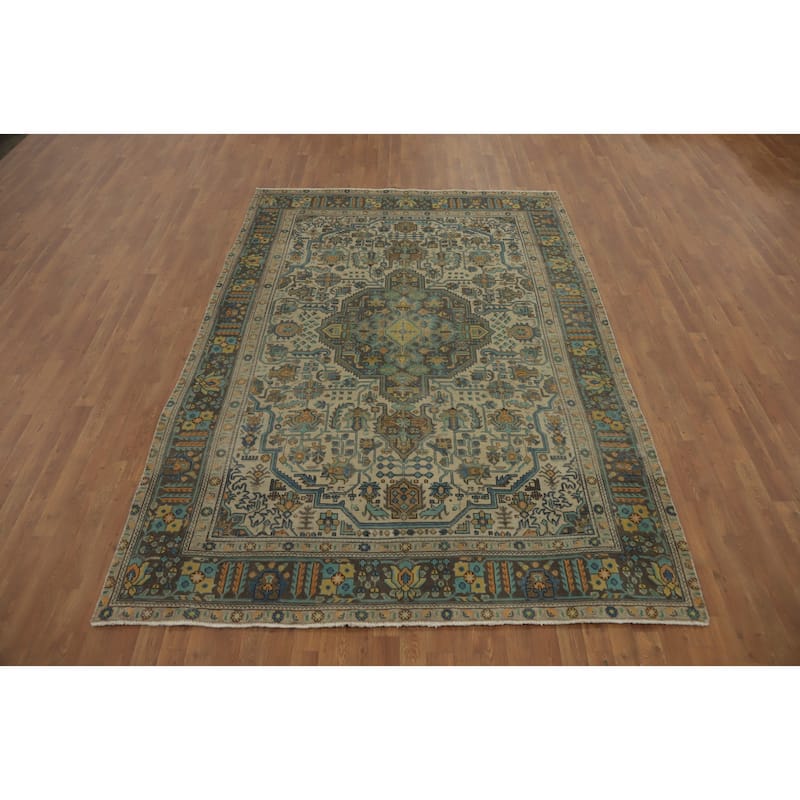 Hand Knotted Oriental 100% Wool Carpet Traditional Floral Beige & Ivories Tabriz Area Rug - 9' 6'' X 6' 8''