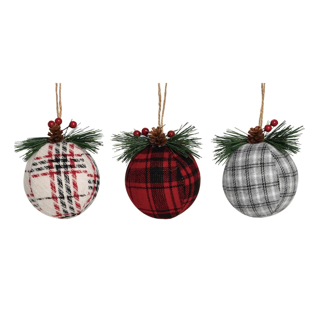 Transpac Fabric/Canvas 4 in. Multicolored Christmas Plaid Ball Ornament Set of 3