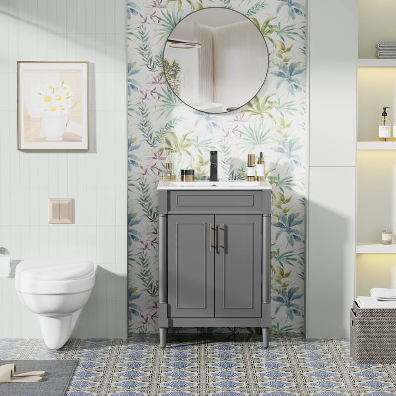24"/30"/36" Retro Bathroom Vanity W/ Drop in Sink Combo Cabinet Set - Grey - 24"