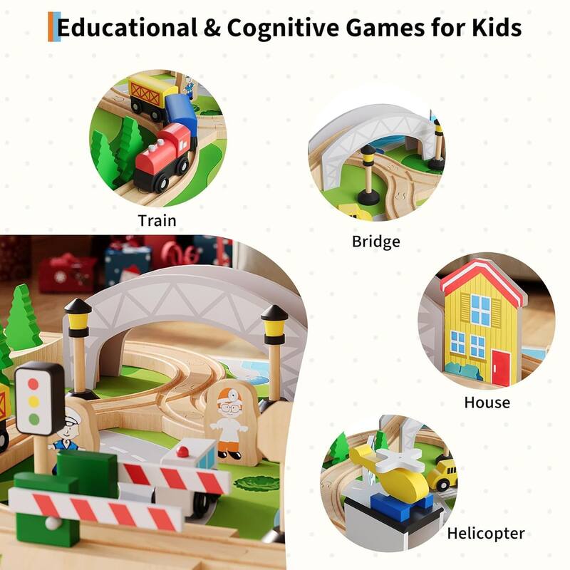 78 Piece 4-in-1 Wooden Train Table, Activity Play Set for Toddlers & Kids