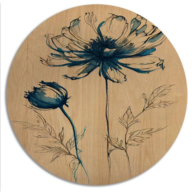 Designart "Indigo Flower Blossoming II" Floral Wood Wall Art - Natural Pine Wood