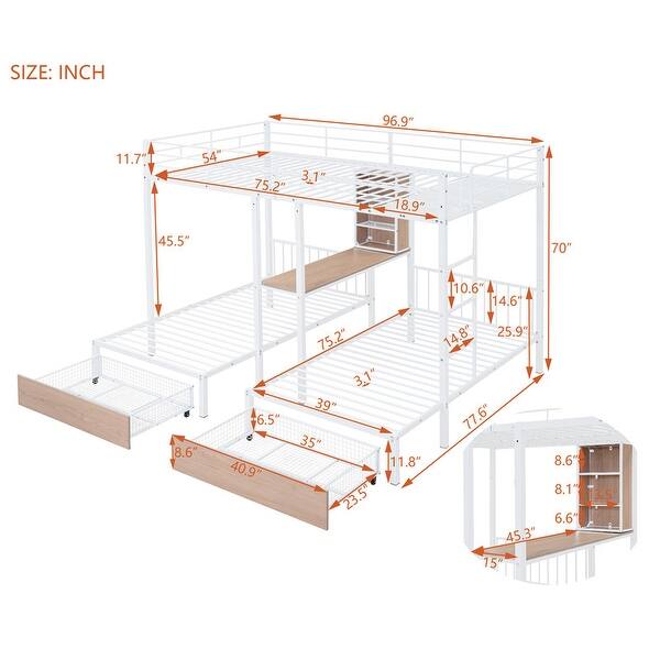 dimension image slide 1 of 2, Full Over Twin & Twin Triple Bunk Bed with Drawers, Desks and Shelves