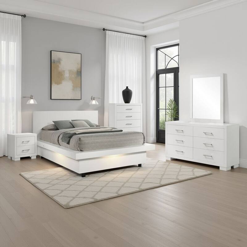 Bela 5 Piece Queen Bedroom Set, LED Lit Bedframe, Snow White Wood