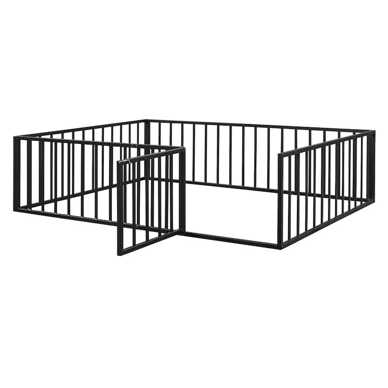 Black Queen Size Metal Floor Bed Frame with Fence and Door for Kids