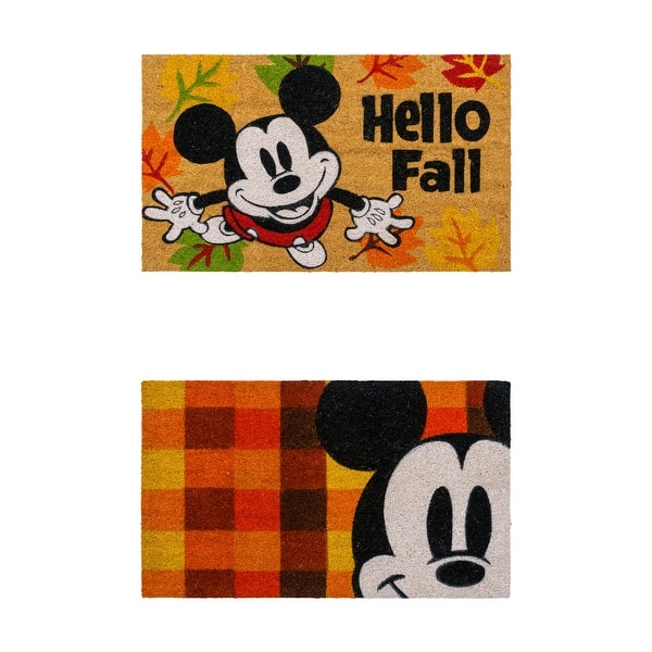 slide 2 of 5, Licensed Mickey Mouse Coir Autum 'Hello Fall' and Plaid Graphic Door Mats, 2PK