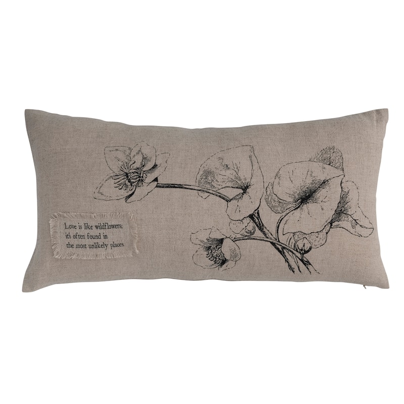 24" Linen Blend Lumbar Pillow with Saying Text, Flowers, and Bird Designs - 24.0"L x 12.0"W x 0.5"H - Natural