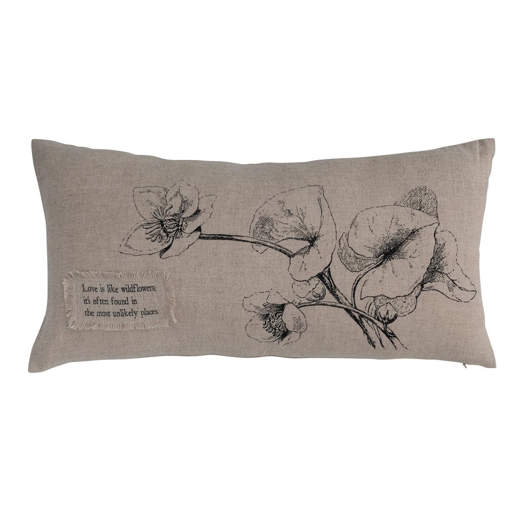 24" Linen Blend Lumbar Pillow with Saying Text, Flowers, and Bird Designs - 24.0"L x 12.0"W x 0.5"H