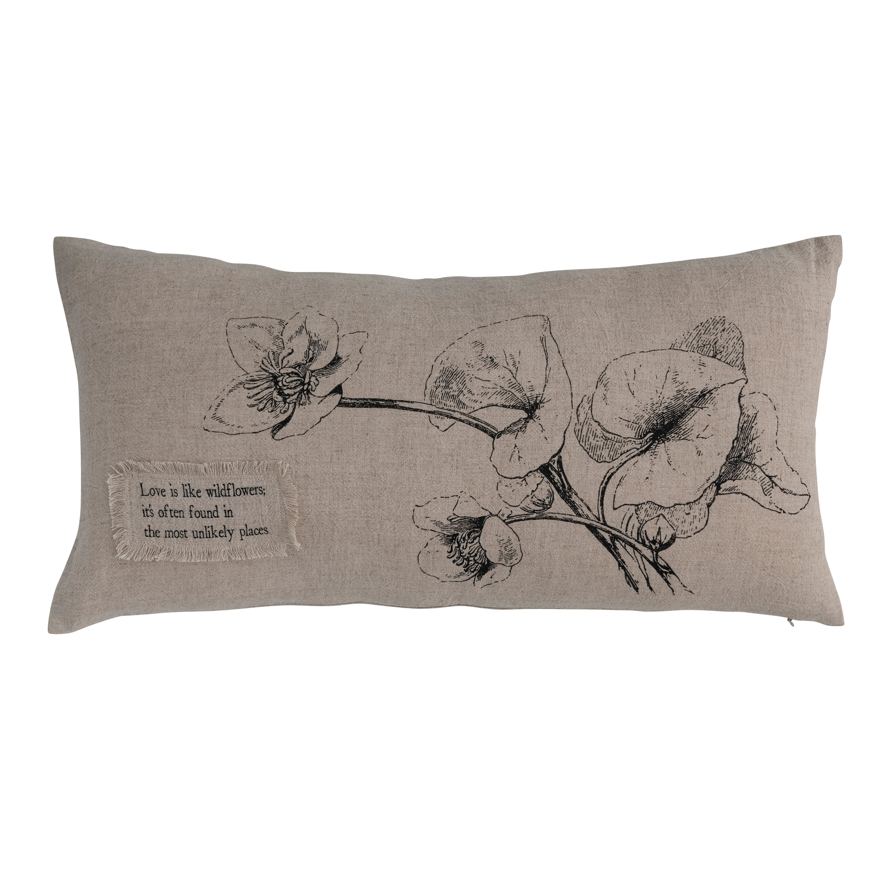 24" Linen Blend Lumbar Pillow with Saying Text, Flowers, and Bird Designs - 24.0"L x 12.0"W x 0.5"H