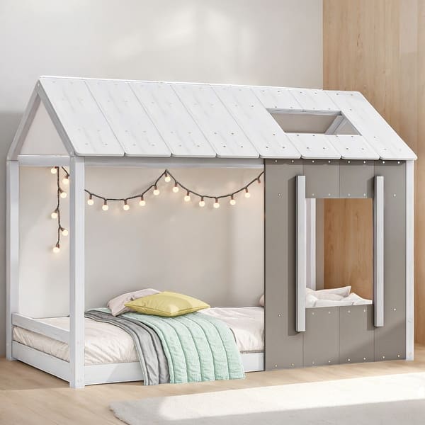 slide 2 of 20, Modern Twin Size House Platform Kids Bed with Roof and Window, White+Antique Grey White+Antique Grey