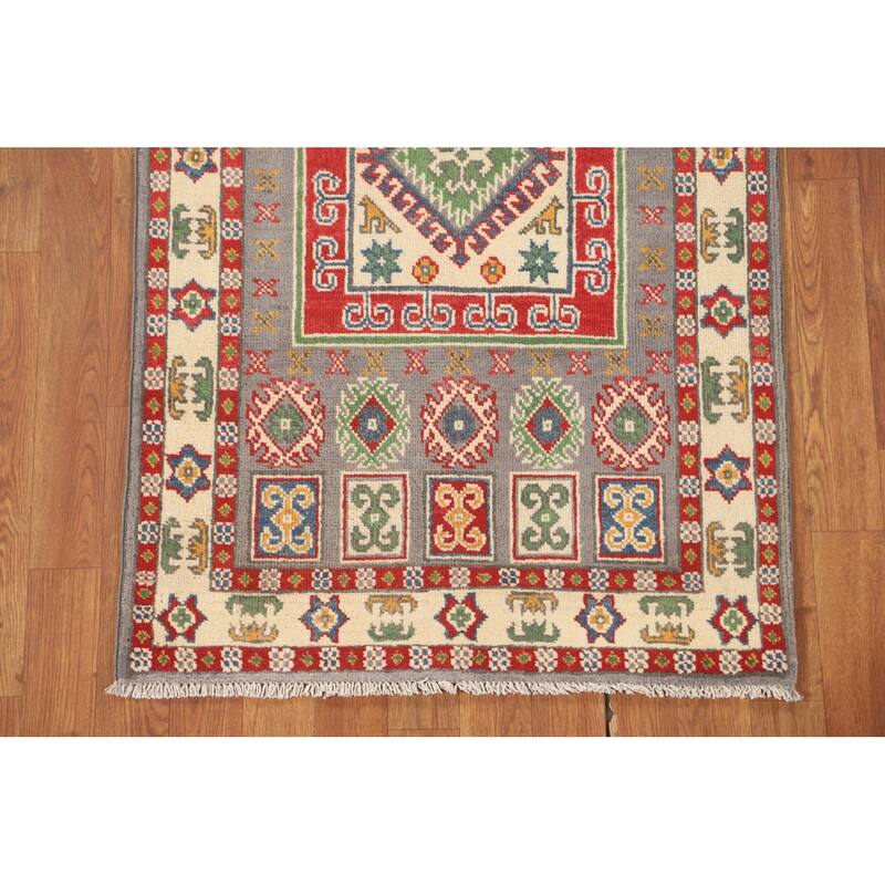 Geometric Grey Kazak Foyer Rug Handmade Wool Carpet - 2'7" x 4'2"