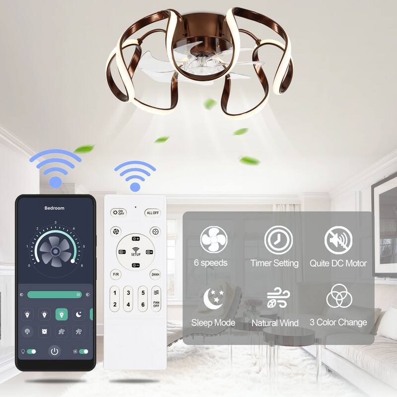 Oaks Aura 20in.Futuristic Modern Flush Mount Ceiling Fan with Light,6-Speed Low Profile Smart APP Control Ceiling Fan w/ Remote