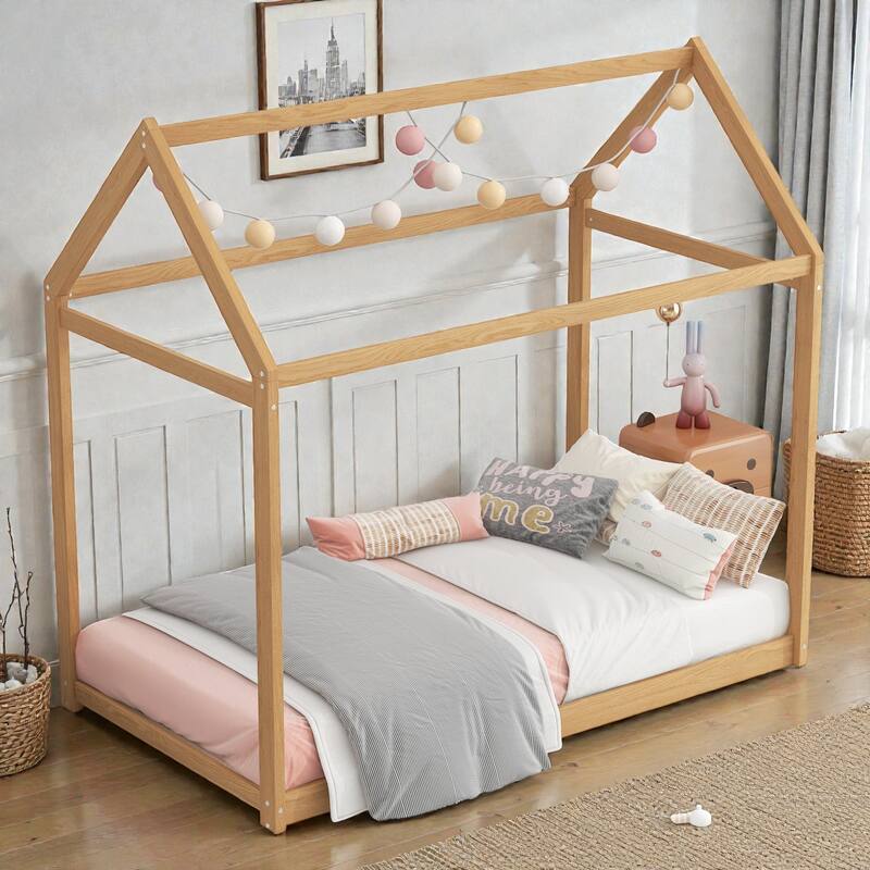 Twin Size Wooden House Bed Frame for Kids, Pine Wood Playhouse Bed with Roof Design, No Box Spring Needed