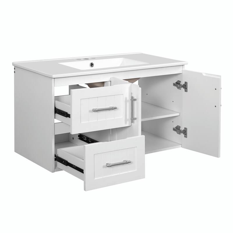36'' Wall Mounted Bathroom Vanity - Floating Bathroom Storage Cabinet with 2 Drawers, 3 Holes Single Ceramic Sink