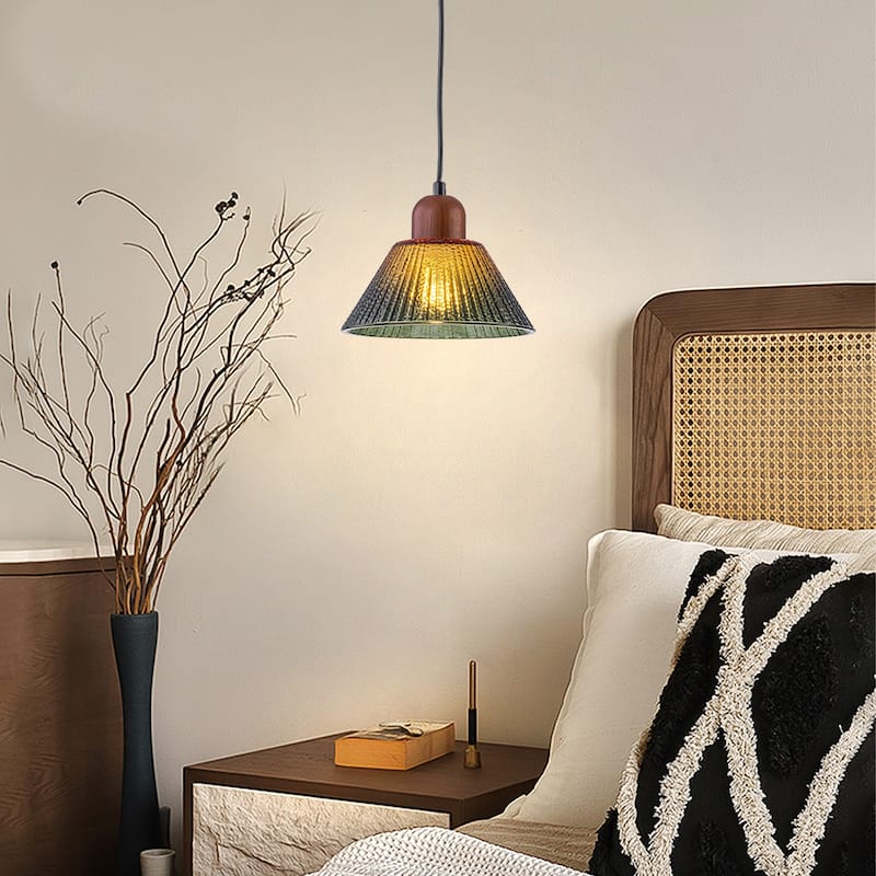 7.48" 1-Light Vintage Pendant Light Wood Accents Gradient Glass Shade - Dia.7.5-in