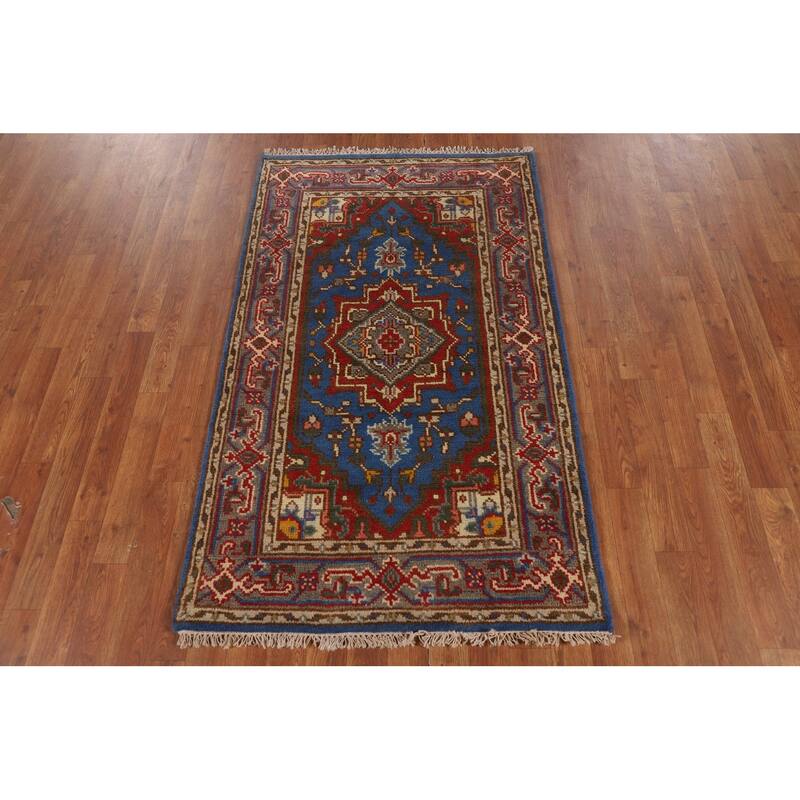 Light Blue Geometric Heriz Serapi Indian Rug Handmade Wool Carpet - 3'0" X 5'0"