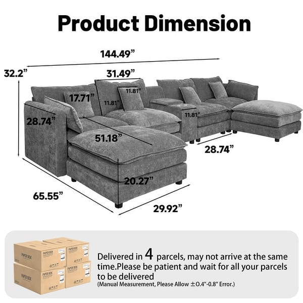 dimension image slide 1 of 2, GDFStudio - Rei 144" U-Shaped Comfy Fluffy Chenille Modular Sofa with Movable Ottoman & Storage
