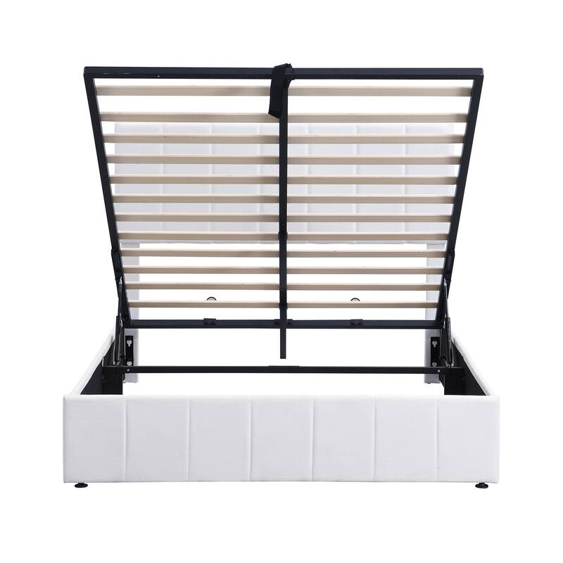 Hydraulic Lift Up Storage Bed, Linen Upholstered Platform Bed Frame with Vertical Panel Headboard, Wooden Slat Support