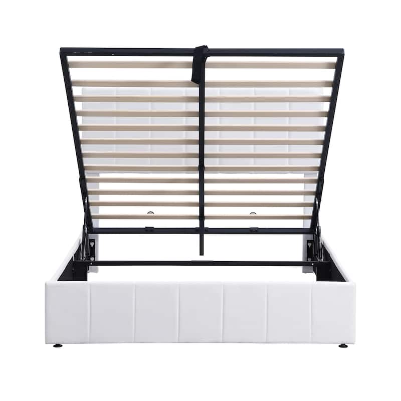 Full / Queen Sturdy Platform Bed with Hydraulic Lift Storage and Linen Headboard