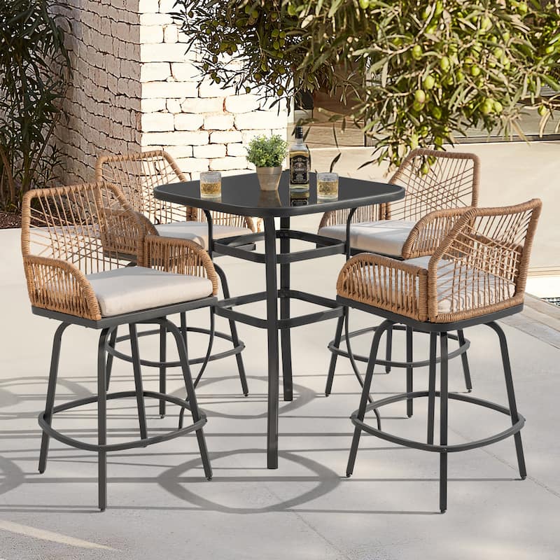 2-Piece Twisted Rattan Patio Bar Stools Set with Cushions, Swivel Design