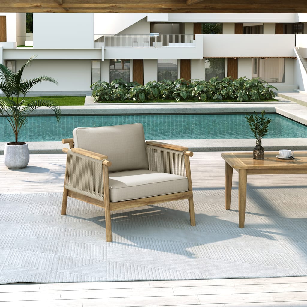 Roomfitters Sumbawa Outdoor Acacia Wood Club Chairs with Rope Woven Arms, Teak Finish