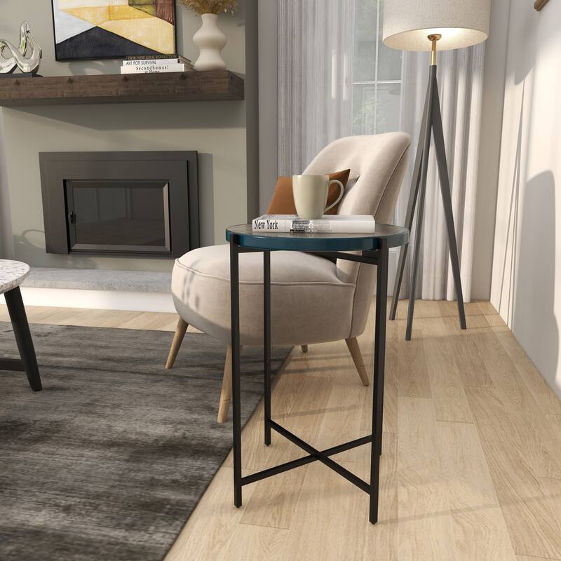 Gold or Black Metal X-Shaped Side End Accent Table with Textured Glass Tabletop