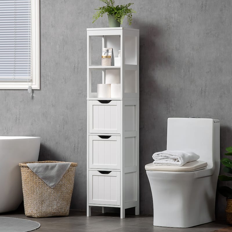 White MDF Tall Bathroom Cabinet with Drawers and Open Storage Shelves for Narrow Spaces - 11.75" W x 11.75" D x 55.75" H