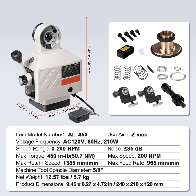 Z-Axis Power Feed for Milling Machine, 450 in-lb Torque, 0-200RPM Adjustable Rotate Speed 120V Power Table Feed Mill Feeder