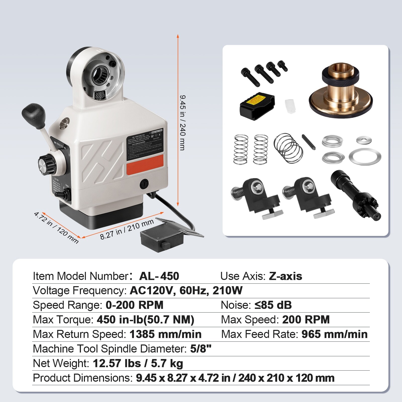 Z-Axis Power Feed for Milling Machine, 450 in-lb Torque, 0-200RPM