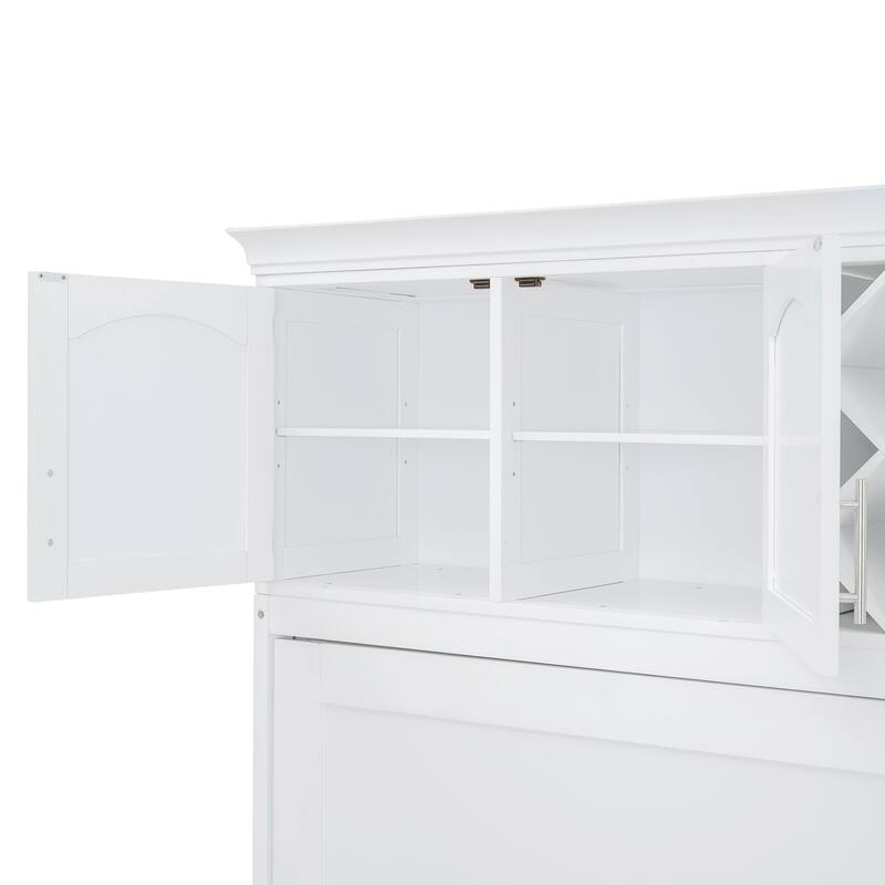Queen Size Wall Murphy Bed with Storage, Wood Foldable Platform Bed Frame with Top Cabinets and Wine Rack
