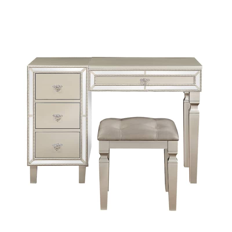 Poundex Wooden Makeup Vanity Set with Lift-up Mirror and Stool - Desk 43" x 18" x 30~47"H, Stool 18" x 16" x 18"H