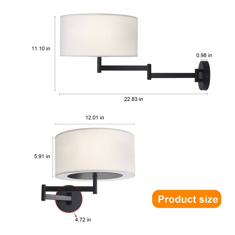 1 - Light Cylindrical Wall Sconce with Fabric Shade - Matte Black