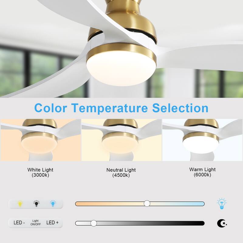 Sofucor 52inch Smart-controlled Flush-mount Ceiling Fan with Streamlined Curved Blades, Remote Control, and Dimmable LED Light