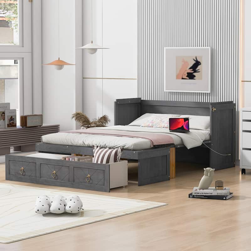 Full/Queen Murphy Bed with Built-in Power/USB Module, Wooden Foldable Wall Bed w/Large Storage Drawer for Home Office Guest Room - Grey - Full