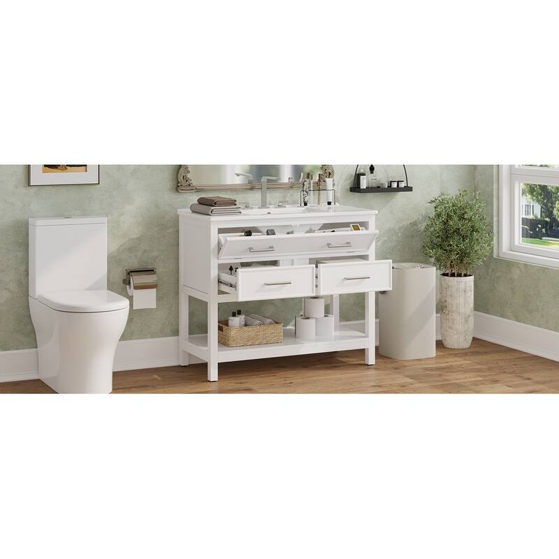 Roomfitters 36" Bathroom Vanity with Ceramic Sink, Tip-Out Tray, 2 Full-Extension Soft-Close storage units and Open Shelf