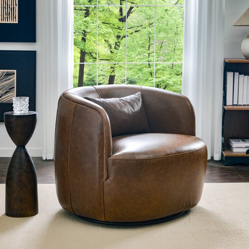 KINWELL 100% Top Grain Genuine Leather Swivel Armchair with Pillow