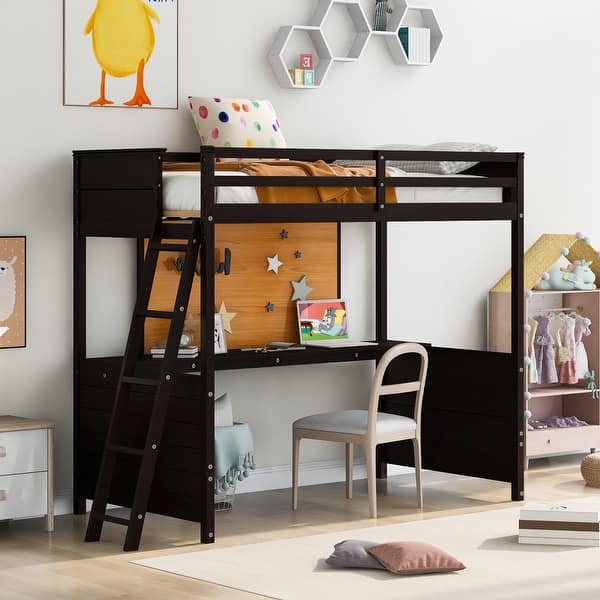 slide 2 of 9, Versatility galore Twin size Wooden Loft Bed with Desk and Writing Board Espresso