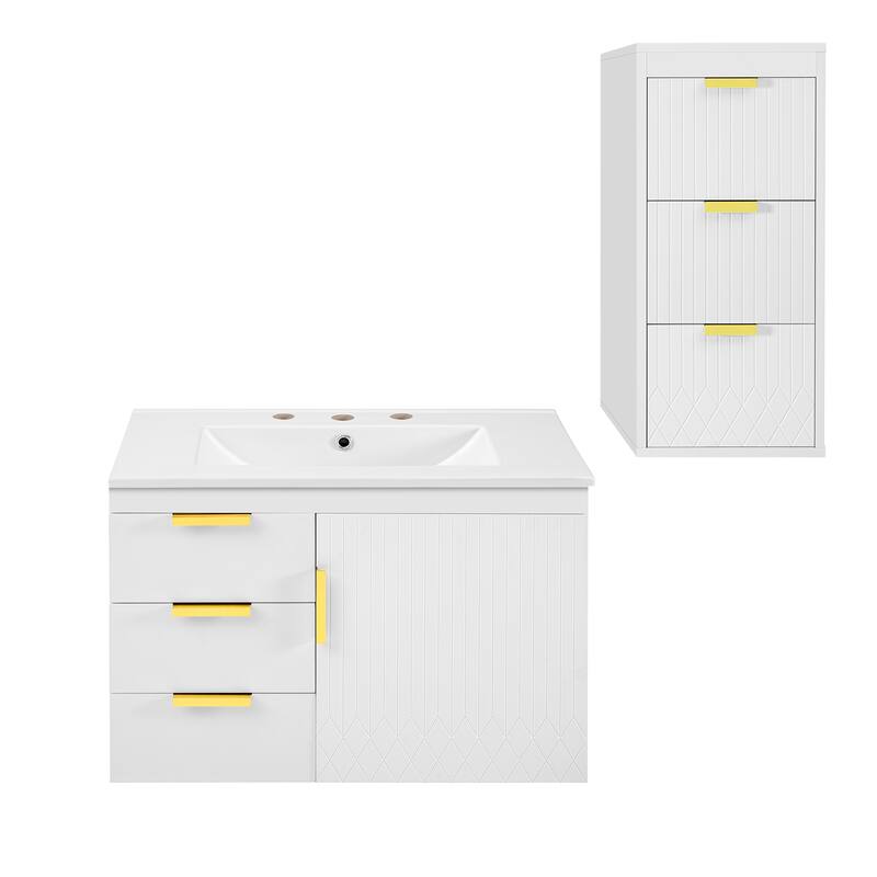 Roomfitters 30 Inch Wall Mounted Bathroom Vanity & Side Cabinet Combo, Floating Storage Station with Sliding Tiers