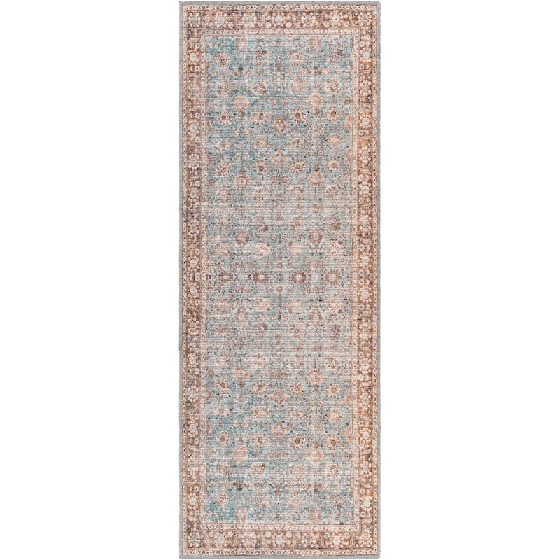 Livabliss Sanjay Persian Floral Printed Machine Washable Area Rug - Aqua/Brown - 2'7" x 12' Runner