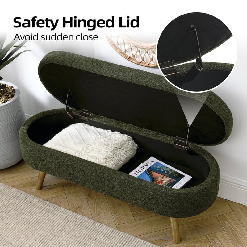 44" Beige Boucle Storage Ottoman Bench for Living Room Bedroom,Oval Storage Bench Ottoman Foot Rest Wood Legs