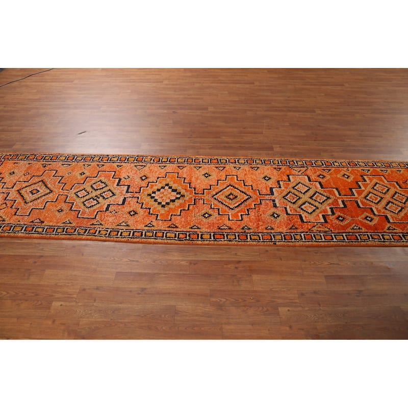 Orange / Geometric Oushak Vintage Runner Rug Handmade Wool Carpet - 2'8"x 11'4"
