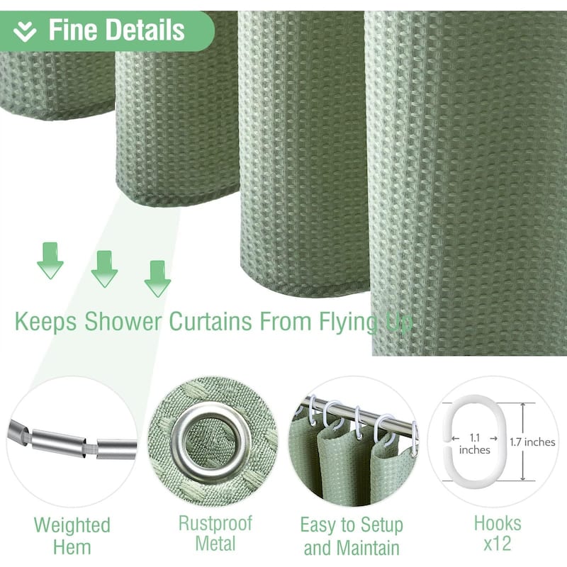 Sage Green Shower Curtain - Heavy Duty Waffle Fabric, 72Wx72H, Green