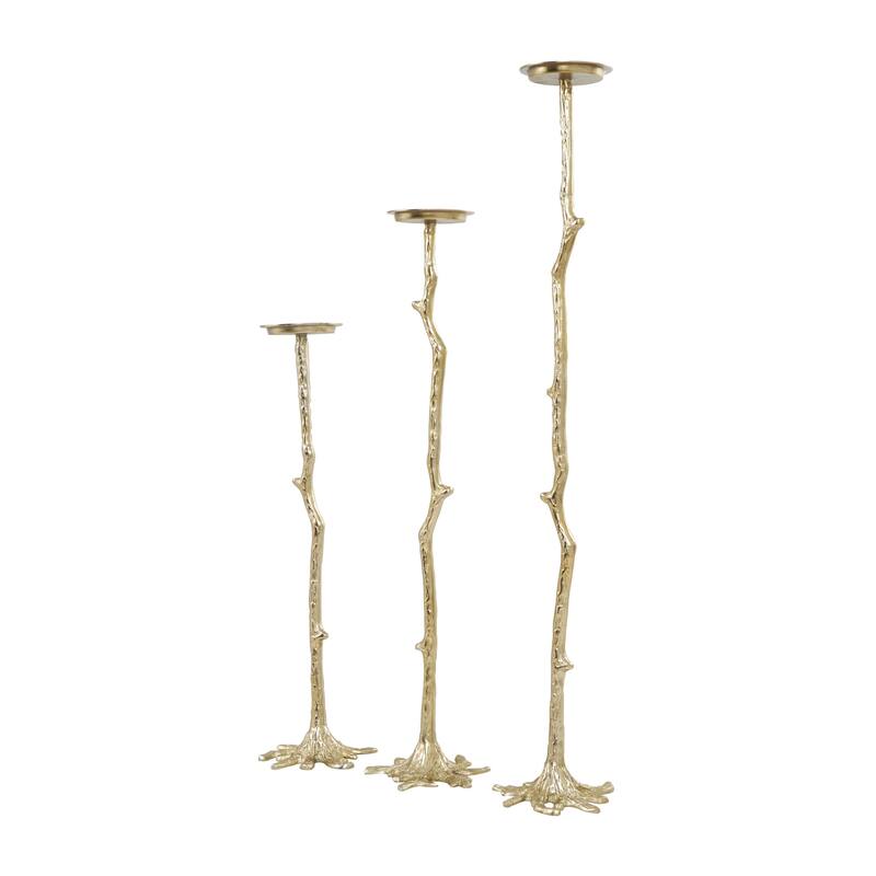 Aluminum Metal Abstract Tall Floor Candle Holder with Stick Inspired Design - Set of 3 Gold - Roche River Decor