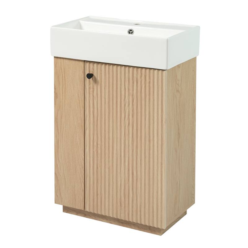 21.6"Bathroom Vanity With Ceramic Sink, Freestanding Modern Right Door Wood Grain Cabinet With Open And Closed Storage