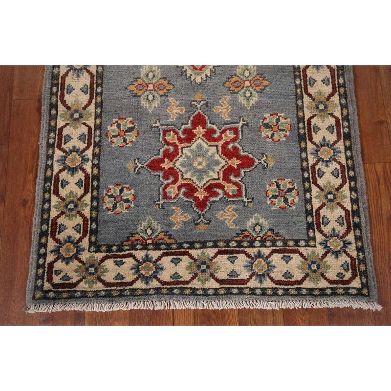 Geometric Kazak Runner Rug Hand-Knotted Floral Wool Carpet - 2'2" x 5'9"