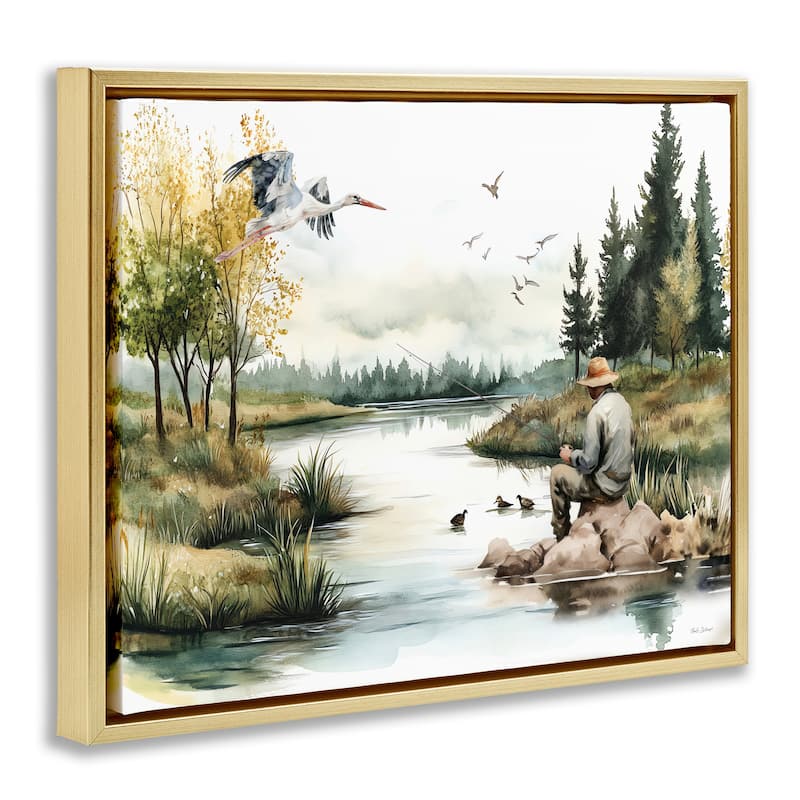 Stupell Fishing by River Landscape Framed Floater Canvas Wall Art Design By Nicole DeCamp