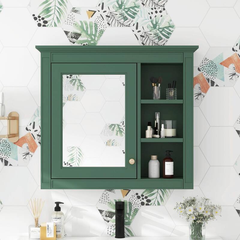 30'' x 28'' Modern Wall Mounted Bathroom Storage Cabinet with Mirror - Green