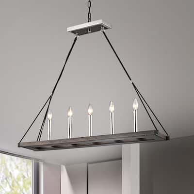 Polish Nickel, Black and Wood 5-Light Rectangular Linear Island Lighting