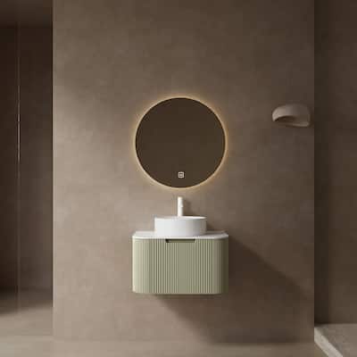 24" Bathroom Vanity with Round Ceramic Basin without Faucet,Wall-Mounted Floating Curved Edges Striped Cabinet with a Drawer