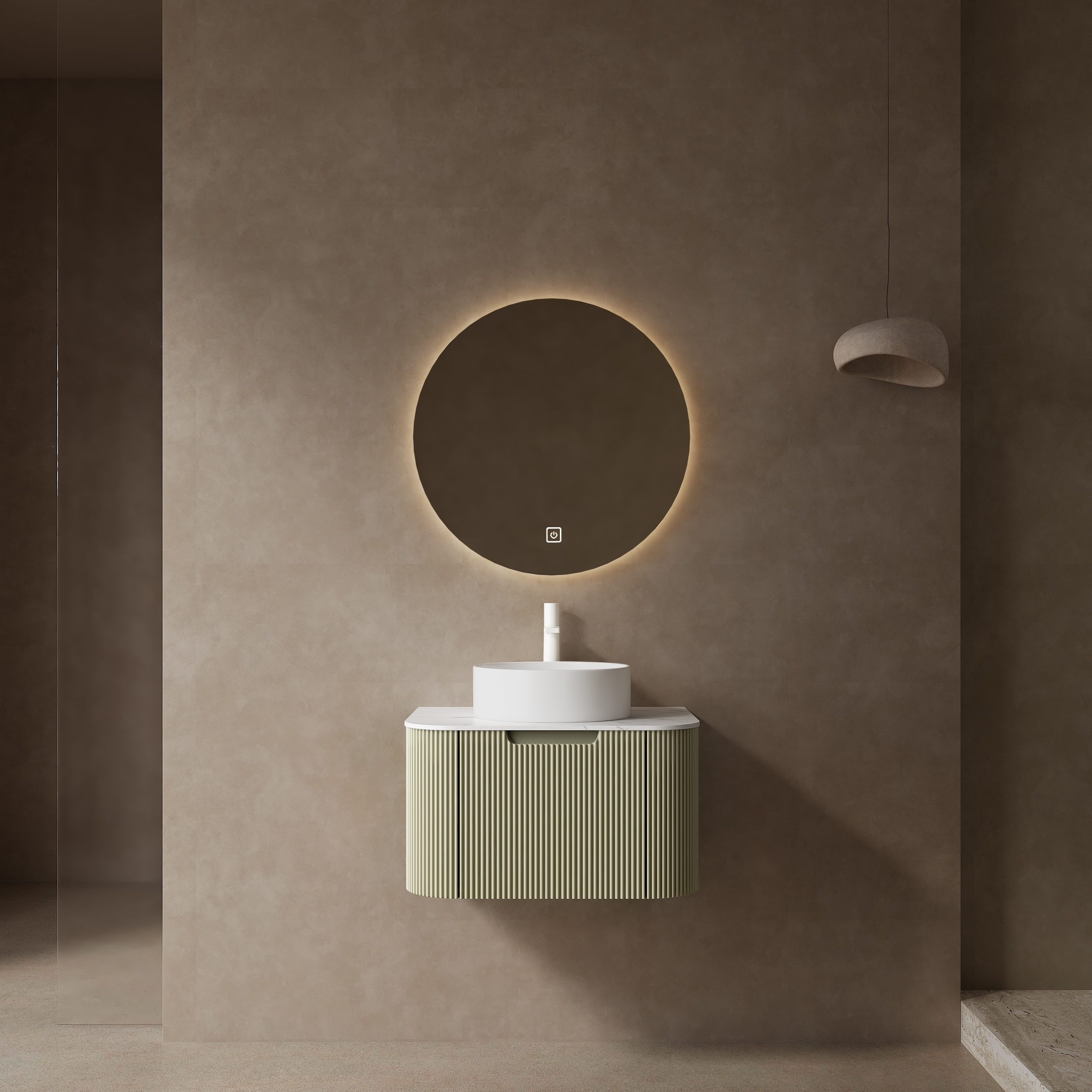 Wall-Mounted Bathroom Vanity with Round Ceramic Sink, Curved Bathroom Storage Cabinet, Artificial Marble Vanity Top, Light Green