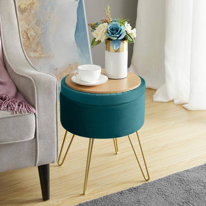 Round Velvet Storage Ottoman with Tray Top Table